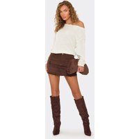 Low Rise Distressed Hem Detail Mini Skirt In Brown Denim, Women's Size US 10