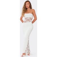 Bandeau Contrast Lace Cut Out Detail Maxi Dress In White., Women's Size UK 6