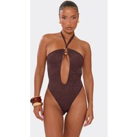 Halterneck Trim Detail Keyhole Cut Out Swimsuit In Chocolate Brown Lace, Women's Size UK 6