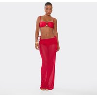 Low Waist Fold Over Tie Side Detail Ruched Maxi Skirt In Red Mesh., Women's Size UK 10