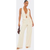 High Waist Button Front Wide Leg Trousers In Stone, Women's Size US 2