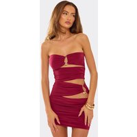 Bandeau Cut Out Ruched Gold Trim Mini Dress In Burgundy, Women's Size UK 16