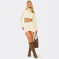 Mid Rise Zip Front Pocket Detail Mini Skirt In Stone, Women's Size UK 8