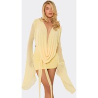 Exaggerated Sleeve Cowl Neck Open Tie Back Detail Mini Dress In Lemon, Women's Size UK L