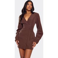 Cocoon Sleeve Plunge Button Front Detail Blazer Dress In Chocolate Brown, Women's Size UK 6