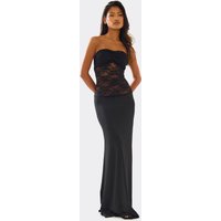 Bandeau Twist Bust Contrast Lace Detail Maxi Dress In Black, Women's Size UK L