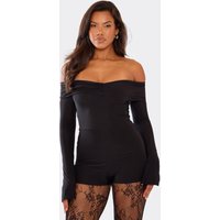 Long Flared Sleeve Bardot Ruched Front Playsuit In Black, Women's Size UK 16