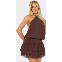 Halterneck Ruffle Skirt Detail Mini Dress In Chocolate Brown, Women's Size US 4
