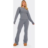 Mid Rise Wide Leg Trousers In Grey Knit, Women's Size UK S