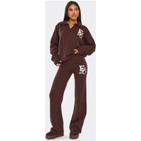 Mid Rise Ego Graphic Wide Leg Trousers In Chocolate Brown Knit, Women's Size UK XS