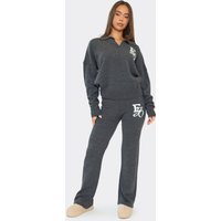 Mid Rise Wide Leg Ego Graphic Trousers In Grey Knit, Women's Size UK M