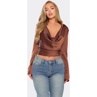 Long Sleeve Cowl Neck Top In Chocolate Brown Satin, Women's Size UK 6