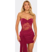 Bandeau Panel Drape Detail Mini Dress In Burgundy Lace, Women's Size UK 16