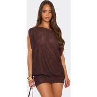 Off The Shoulder Draped Asymmetric Mini Dress In Chocolate Brown Lace, Women's Size UK 6