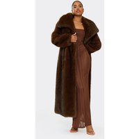 Oversized Collar Detail Maxi Coat In Chocolate Brown Faux Fur, Women's Size US 4