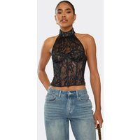 High Neck Underwired Corset Top In Black Lace, Women's Size UK 6