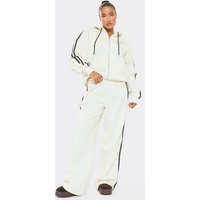 Mid Rise Contrast Stripe Detail Wide Leg Joggers In Cream, Women's Size UK 16