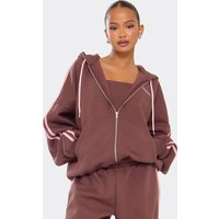 Oversized Contrast Stripe Detail Essential Graphic Zip Up Hoodie In Chocolate Brown, Women's Size US 4
