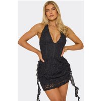 Halterneck Corset Drape Detail Mini Skater Dress In Black Texture, Women's Size UK 6