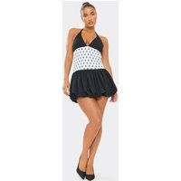 Halterneck Contrast Puffball Mini Dress In Black Polka Dot, Women's Size UK S