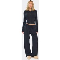 Low Rise Wide Leg Trousers In Black Ribbed, Women's Size UK 16