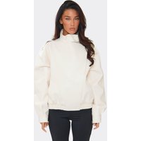 Long Sleeve Funnel Neck Bomber Jacket In Cream Faux Leather, Women's Size UK 14