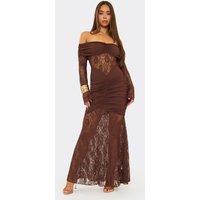 Bardot Contrast Ruched Detail Maxi Dress In Chocolate Brown Lace, Women's Size UK S