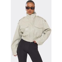 Funnel Neck Pocket Detail Cropped Jacket In Stone Faux Leather, Women's Size UK 8