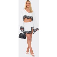 High Waist Split Leg Lace Trim Mini Skirt In White, Women's Size US 6