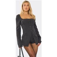 Long Sleeve Square Neck Button Down Split Front Playsuit In Black, Women's Size UK 6
