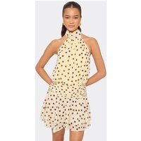 High Neck Blouson Frilled Mini Dress In Lemon Yellow Polka Dot, Women's Size UK 6