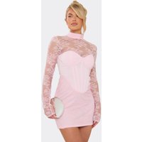 High Neck Long Sleeve Lace Detail Corset Overlay Mini Dress In Baby Pink, Women's Size UK 8