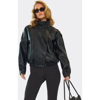 Funnel Neck Bomber Jacket In Black Textured Faux Leather, Women's Size UK 16