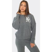 Crew Neck Ego Graphic Oversized Jumper In Grey Knit, Women's Size UK L