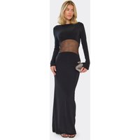 Long Sleeve Sheer Mesh Panel Maxi Dress In Black, Women's Size UK 10