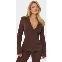 Long Sleeve Zip Front Cinched Fitted Blazer In Chocolate Brown, Women's Size UK 8