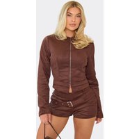 Long Sleeve Zip Front Top In Chocolate Brown Faux Suede, Women's Size UK 10