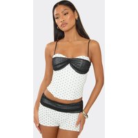 Strappy Mesh Overlay Corset Top In Cream Polka Dot Print, Women's Size UK 16
