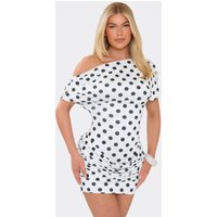 Off The Shoulder Cowl Back Draped Detail Mini Dress In White Polka Dot, Women's Size UK 10