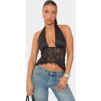Halter Neck Lace Body Detail Top In Black Satin, Women's Size US 12