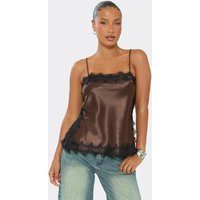 Strappy Square Neck Contrast Lace Cami Top In Brown Satin, Women's Size US 6