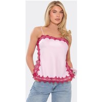 Strappy Square Neck Contrast Lace Cami Top In Pink Satin, Women's Size US 4
