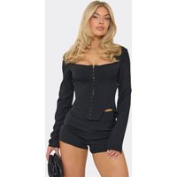 Long Sleeve Hook And Eye Detail Pointed Hem Corset Top In Black, Women's Size UK 8