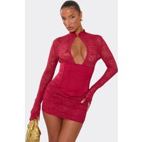 Long Sleeve Keyhole Cut Out Corset Detail Mini Dress In Red Lace, Women's Size UK 14