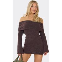 Bardot Foldover Mini Dress In Chocolate Brown Brushed Rib, Women's Size UK 16