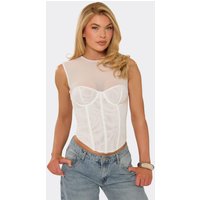 Cap Sleeve Corset Top In White Mesh, Women's Size UK 14