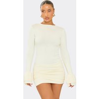 Ruffle Sleeve Ruched Front Mini Dress In Cream Knit, Women's Size UK S