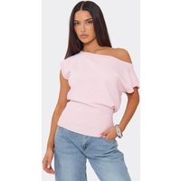 Off The Shoulder Blouson Top In Baby Pink Knit, Women's Size UK M