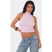 Halter Neck Open Back Cropped Top In Pink And Brown Polka Dot Slinky, Women's Size UK 14
