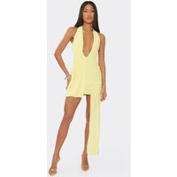Plunge Front Drape Detail Ruched Mini Dress In Lemon Yellow, Women's Size UK 12